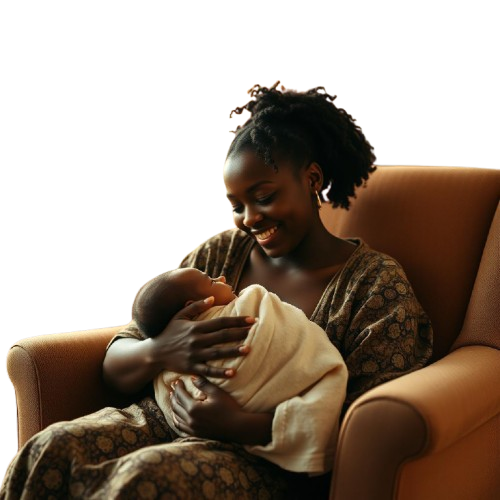 Mother and baby with postpartum care package